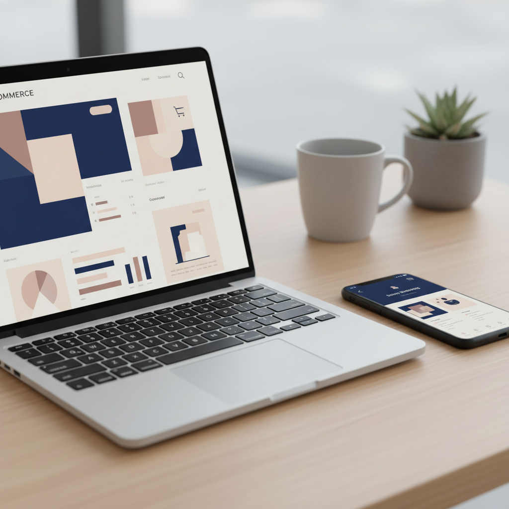 Notebook mostrando interface de e-commerce e smartphone ao lado exibindo a versão em aplicativo com os mesmos produtos e design sincronizado.