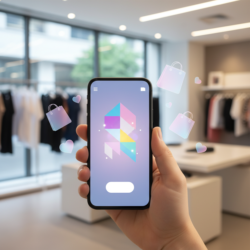 Smartphone elegante exibindo uma interface de loja virtual fluida com notificações push e elementos de fidelização ao redor, representando um ecossistema de e-commerce mobile.