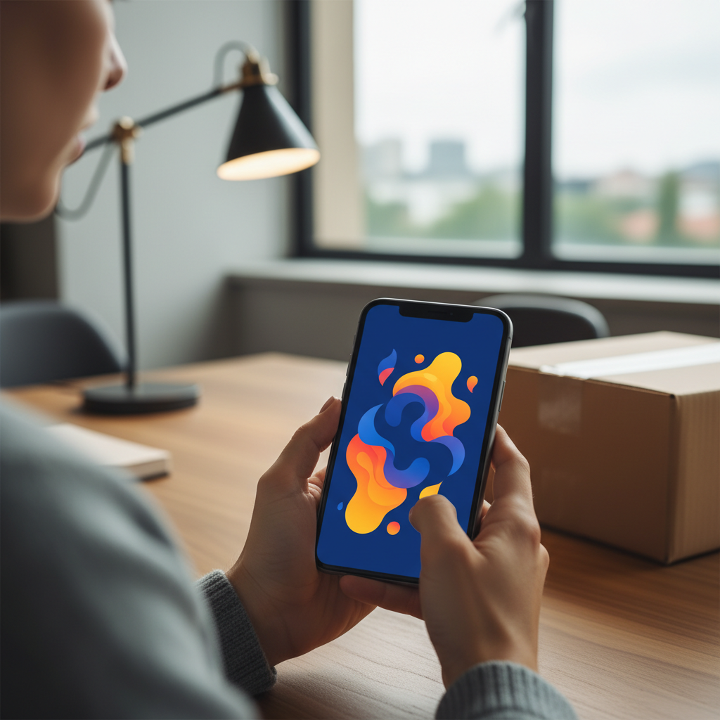 Smartphone mostrando interface de e-commerce fluida com ícone de loja, ao lado de uma embalagem de entrega em um ambiente de escritório moderno.