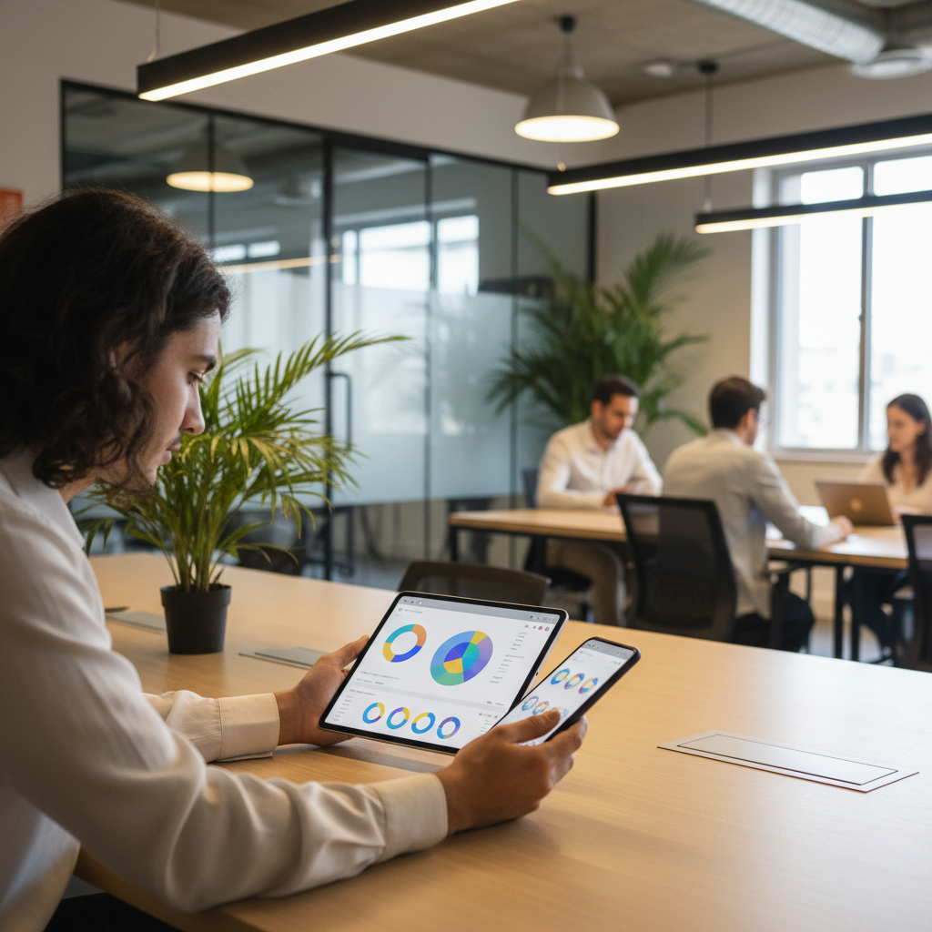 Profissional de tecnologia analisando um dashboard complexo em um tablet e smartphone, demonstrando a transição fluida de um sistema web para dispositivos móveis.