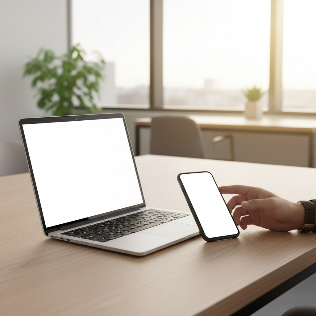 Smartphone exibindo um aplicativo de e-commerce e um notebook exibindo um site de vendas, ilustrando a conexão do consumidor com os dois canais.