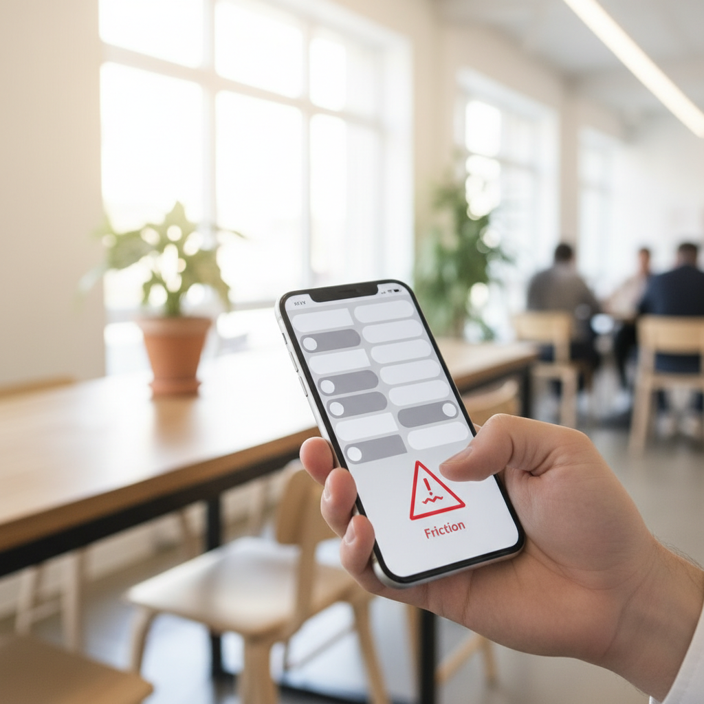 Mão segurando smartphone mostrando um checkout de e-commerce com ícone de erro e campos de formulário confusos ilustrando fricção digital.
