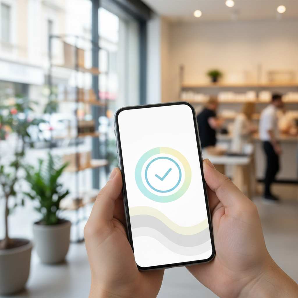 Pessoa segurando smartphone e finalizando uma compra online em ambiente urbano moderno.