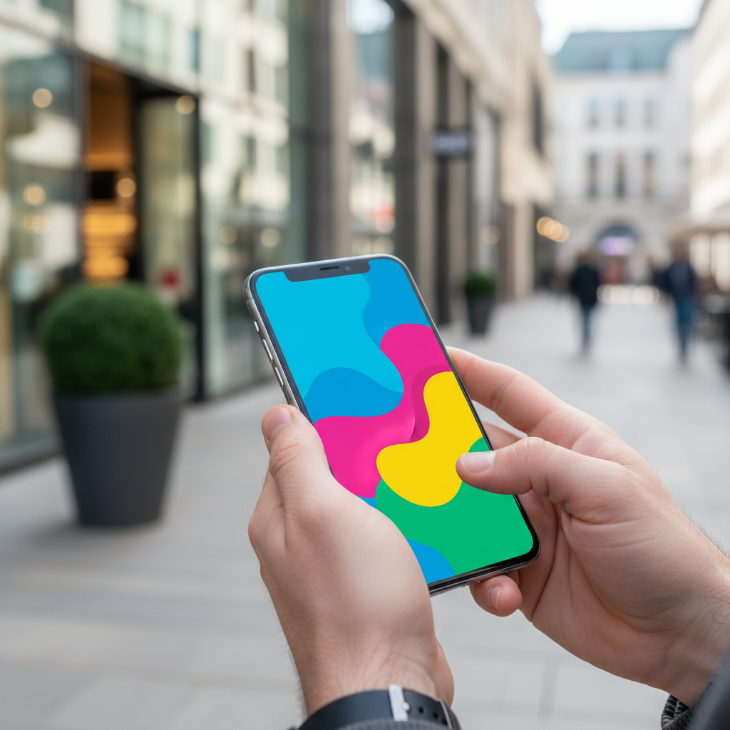 Pessoa usando smartphone em um ambiente urbano moderno para realizar uma compra online, cena focada nas mãos e no dispositivo com tela abstrata.