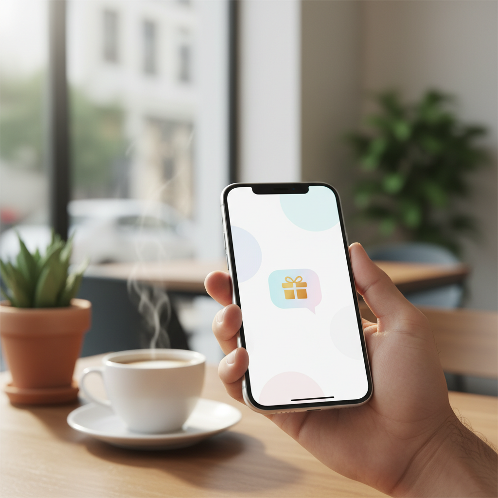 Mão segurando smartphone moderno exibindo uma notificação de desconto exclusiva e minimalista, sem textos legíveis, em um ambiente de café iluminado.
