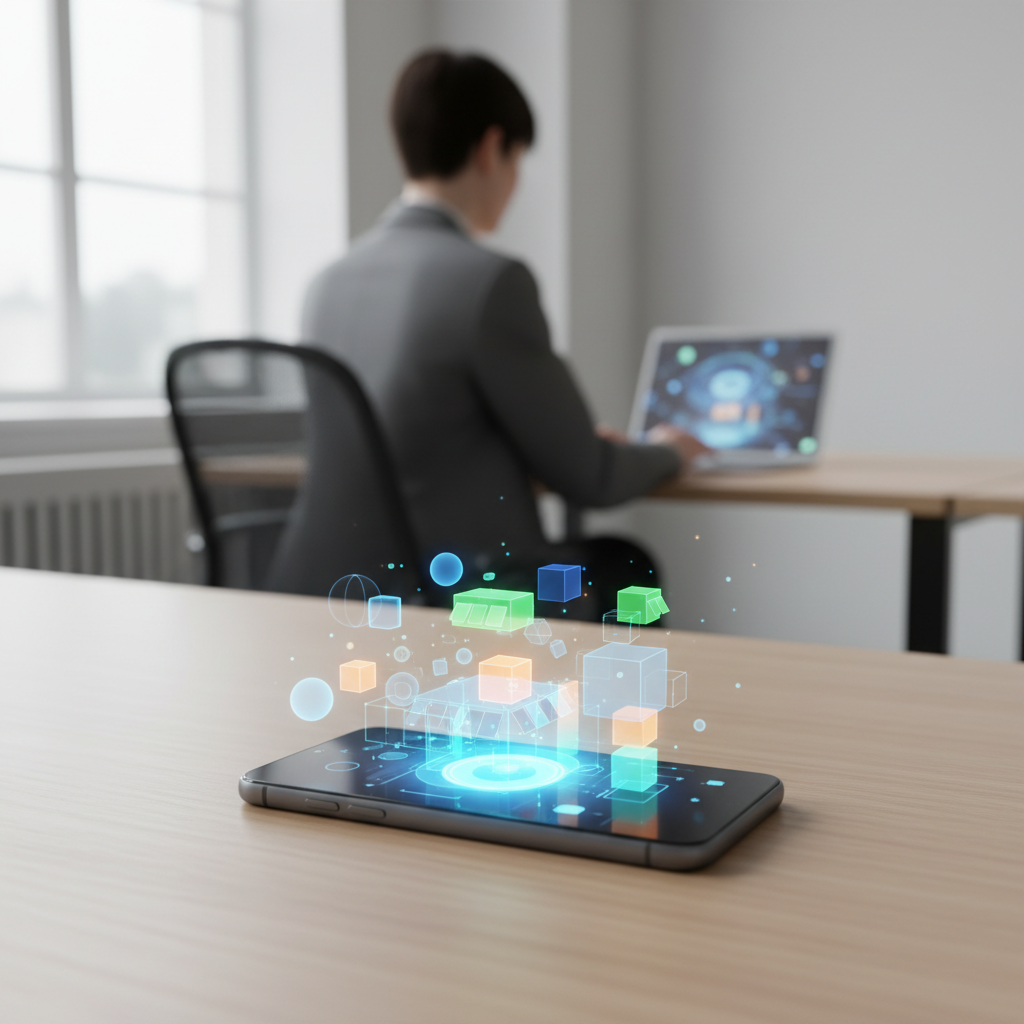 Smartphone com ícones abstratos de lojas de aplicativos sendo processados em um ambiente profissional de tecnologia.