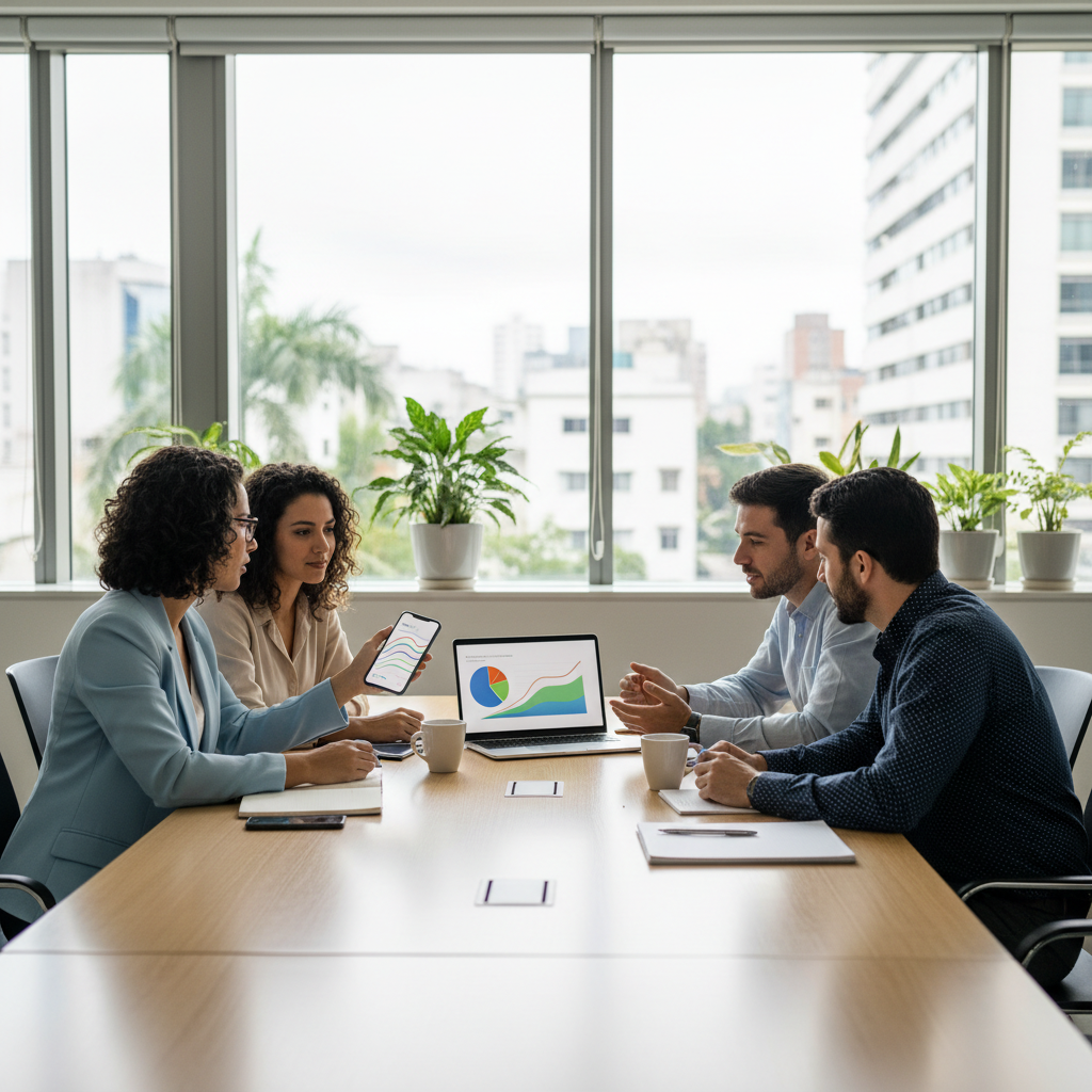 Profissionais em uma sala de reunião moderna analisando gráficos de retenção em telas, com foco em smartphones e colaboração.