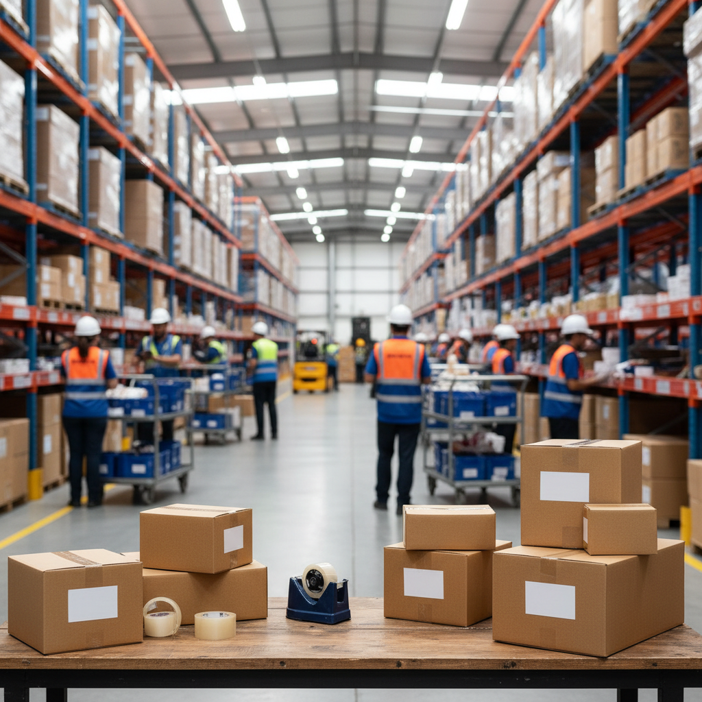 Operação logística em um armazém moderno com pacotes sendo preparados para envio, ilustrando a diversidade de canais de venda no e-commerce brasileiro.