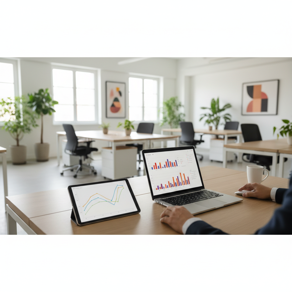Escritório moderno de marketing digital com telas mostrando gráficos de performance e análise de dados de e-commerce em ambiente profissional brasileiro.