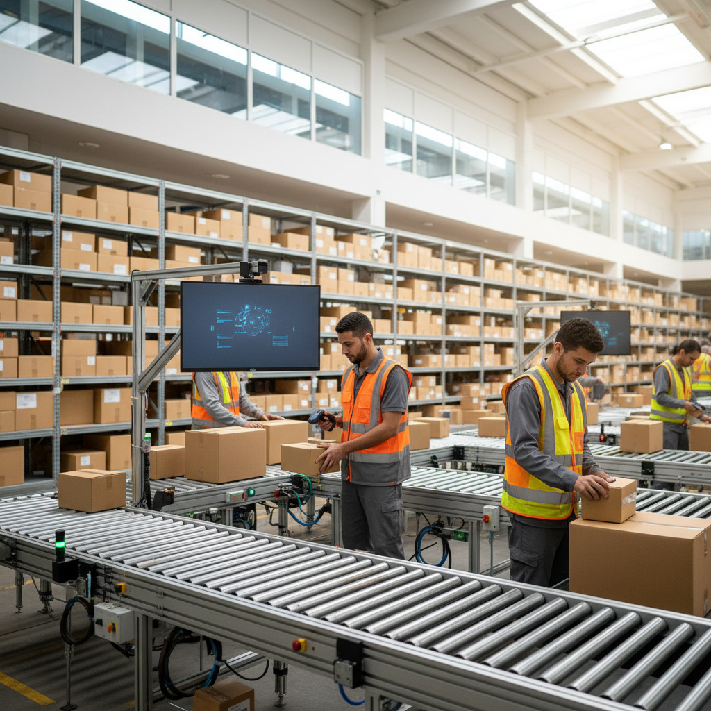 Operação de logística em galpão moderno com caixas sendo preparadas para envio, representando o fluxo de e-commerce e despacho de mercadorias.