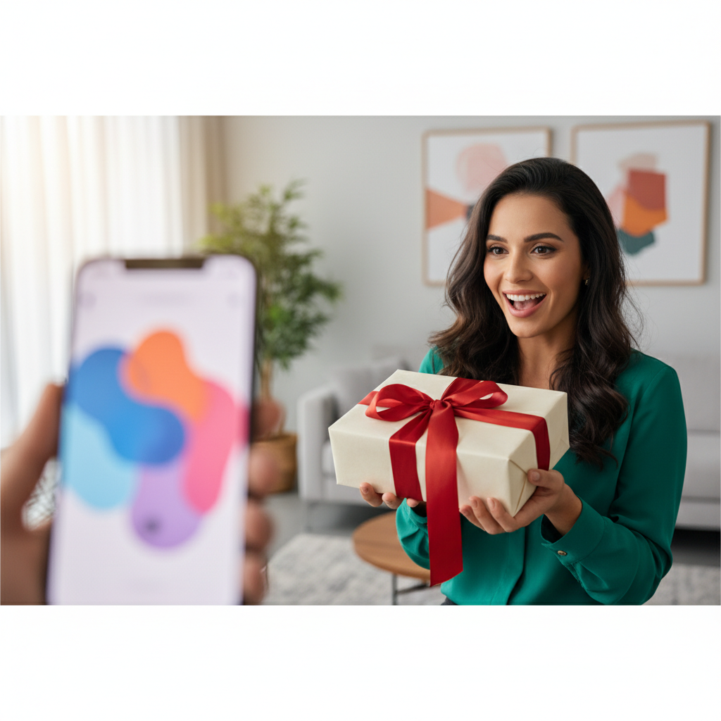 Uma mulher sorridente segurando uma embalagem de presente elegante em frente a um smartphone que exibe uma interface de compra simplificada.