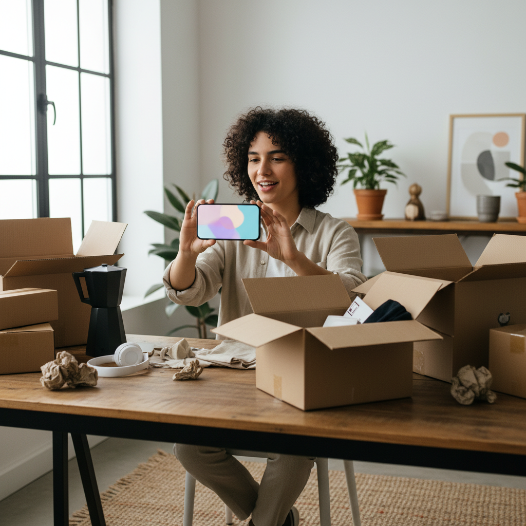 Pessoa jovem segurando um smartphone gravando um vídeo estilo unboxing em uma mesa com caixas de e-commerce ao fundo, ambiente de luz natural.