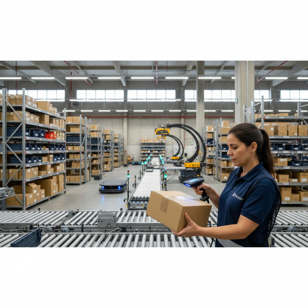 Pessoas trabalhando em um centro de distribuição moderno com prateleiras organizadas e tecnologia de logística digital.