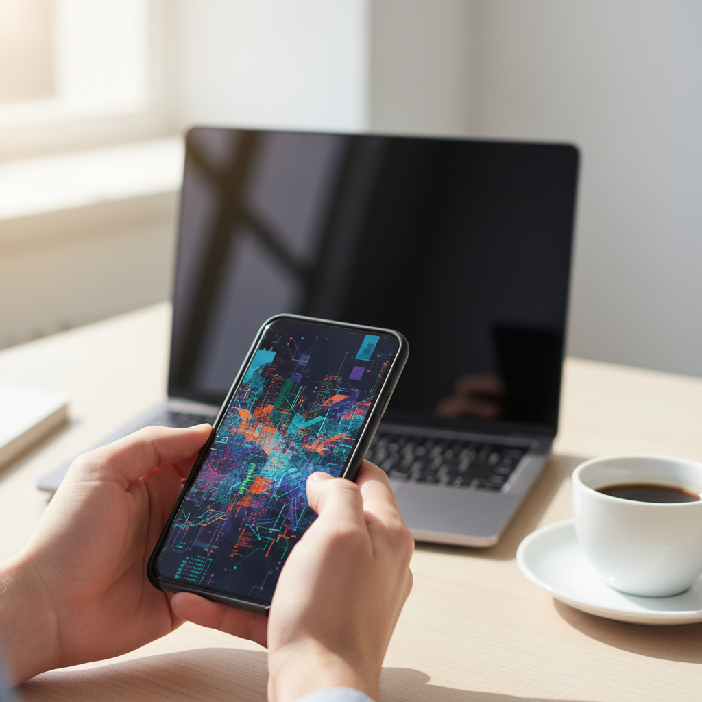 Mãos de um profissional de e-commerce analisando gráficos de performance mobile em um smartphone moderno, com ambiente de escritório desfocado ao fundo.