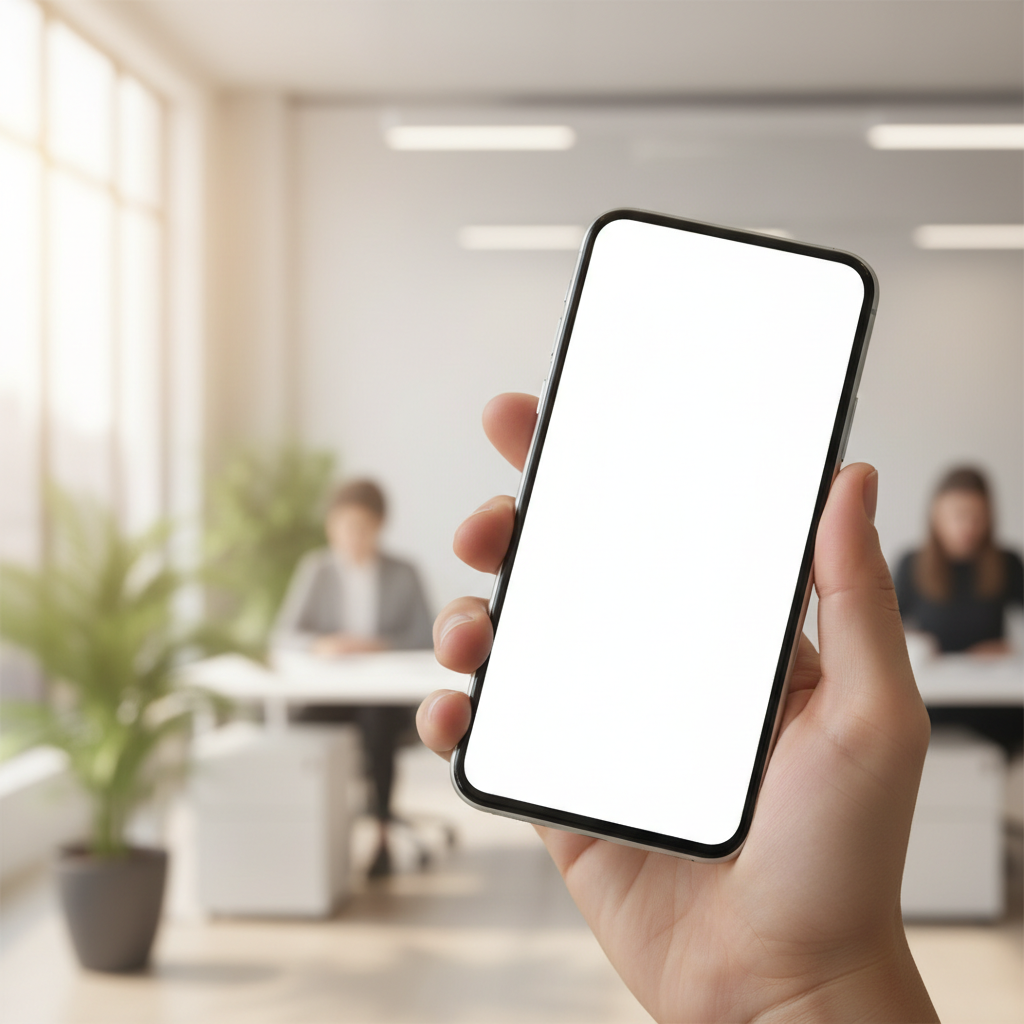 Pessoa segurando um smartphone moderno mostrando ícones de aplicativos coloridos e abstratos em uma tela limpa, com fundo de escritório moderno e desfocado.
