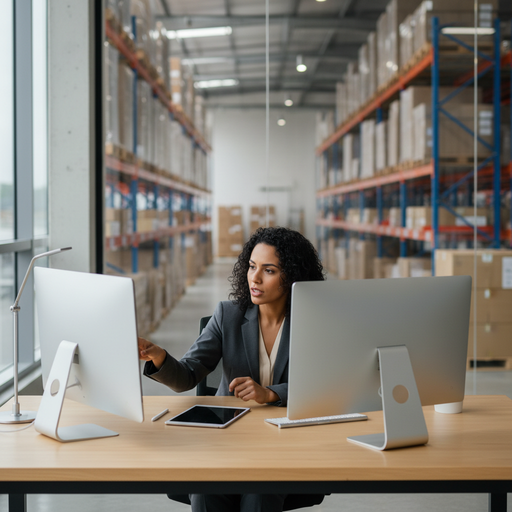 Profissional de e-commerce analisando dados de vendas em múltiplos canais em um ambiente de escritório moderno no Brasil.