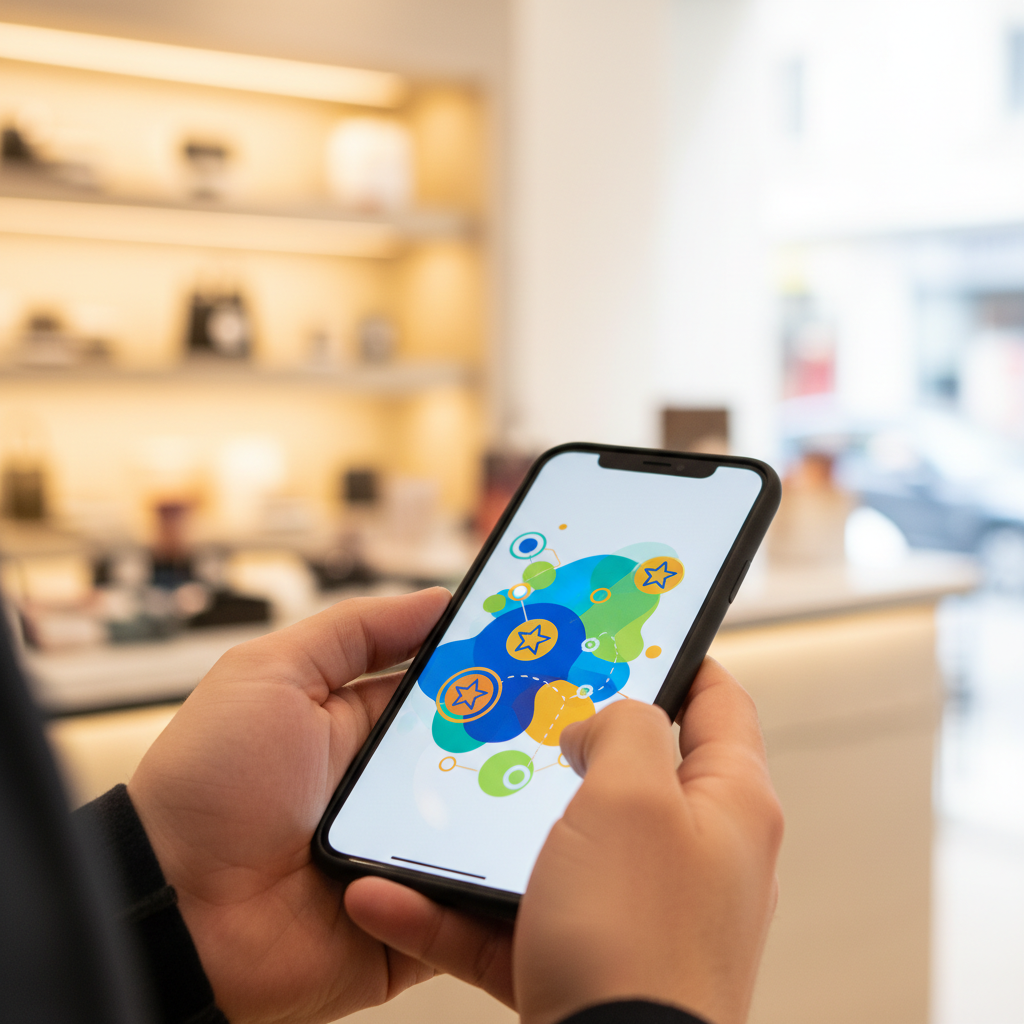 Pessoa segurando um smartphone mostrando interface de programa de fidelidade com pontos e recompensas em um ambiente de loja moderna.