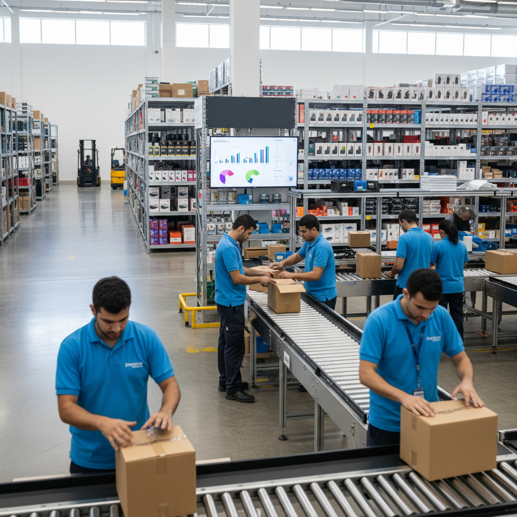 Operação de logística em um armazém moderno com caixas sendo preparadas para envio, representando a agilidade do e-commerce brasileiro.