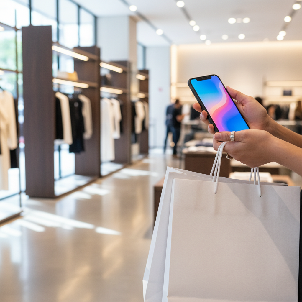 Foto editorial de uma pessoa segurando um smartphone em uma mão e sacolas de compras modernas na outra, em um ambiente de shopping center iluminado, com foco nos dispositivos móveis e na experiência de compra. Sem textos ou logos.