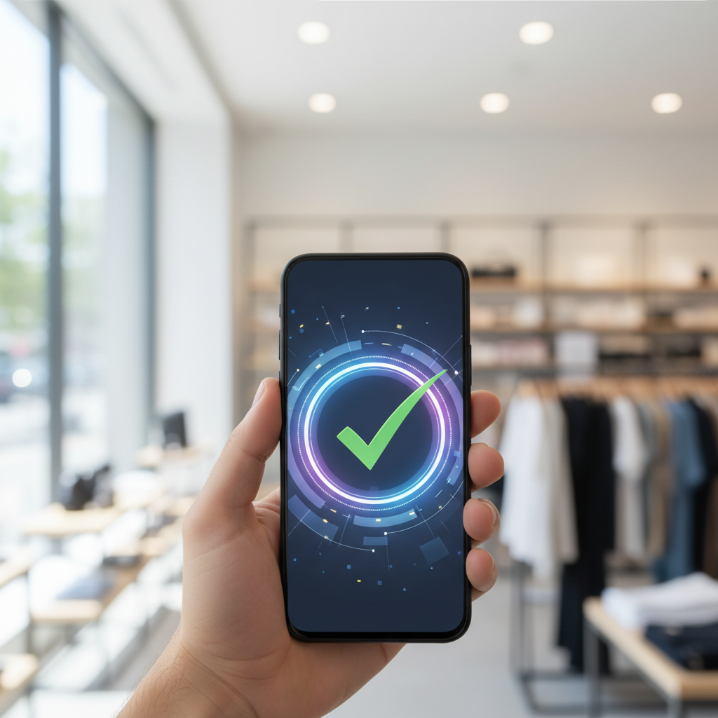 Visão aproximada de um smartphone exibindo uma tela de confirmação de pagamento com elementos abstratos e ícone de check, em ambiente de varejo moderno e desfocado.
