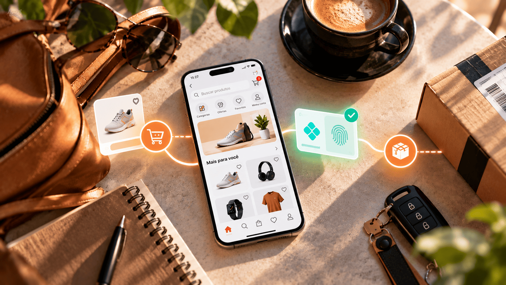 Pessoa segurando smartphone e finalizando uma compra online em ambiente urbano moderno.