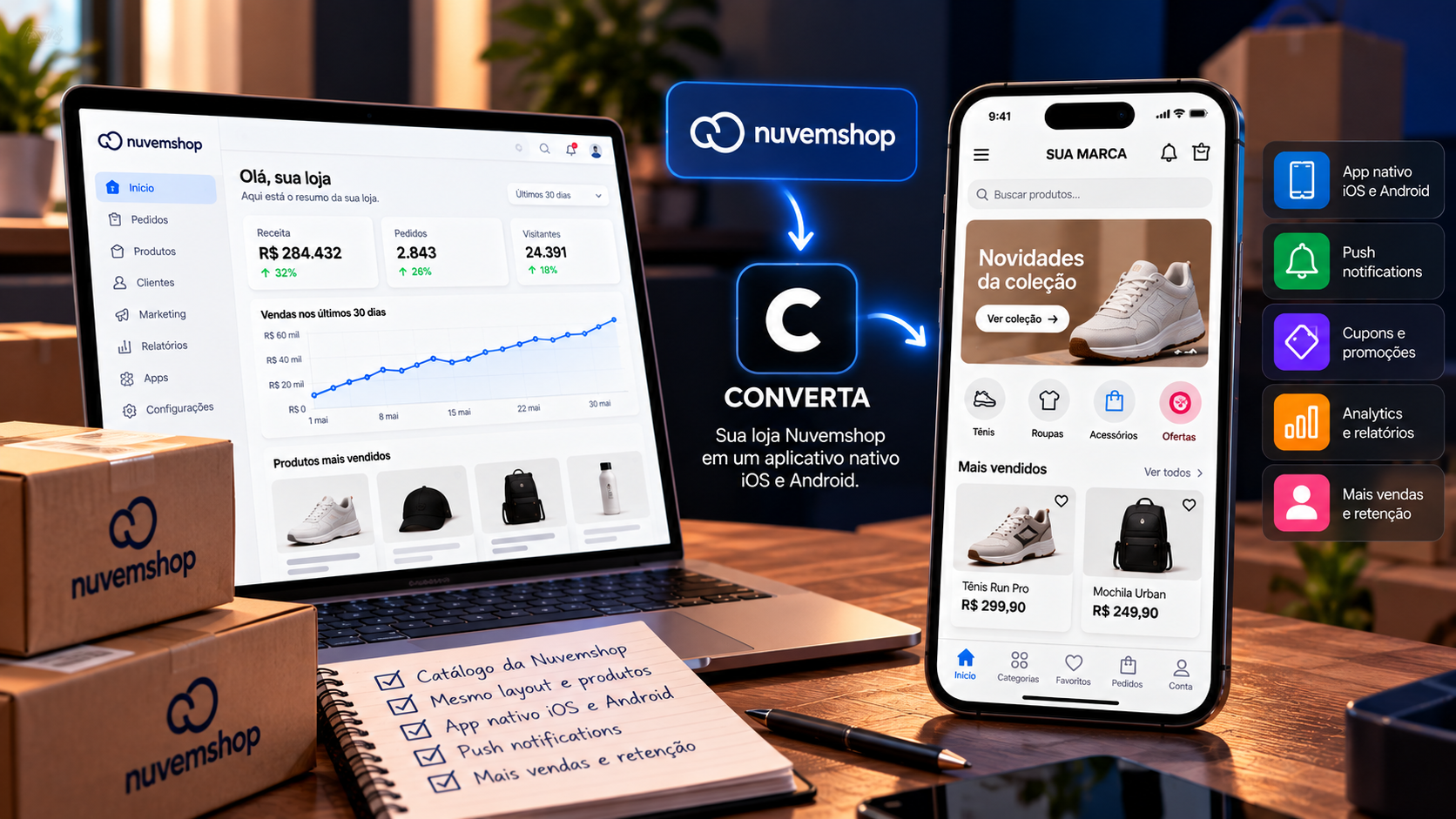 Smartphone mostrando interface de e-commerce fluida com ícone de loja, ao lado de uma embalagem de entrega em um ambiente de escritório moderno.