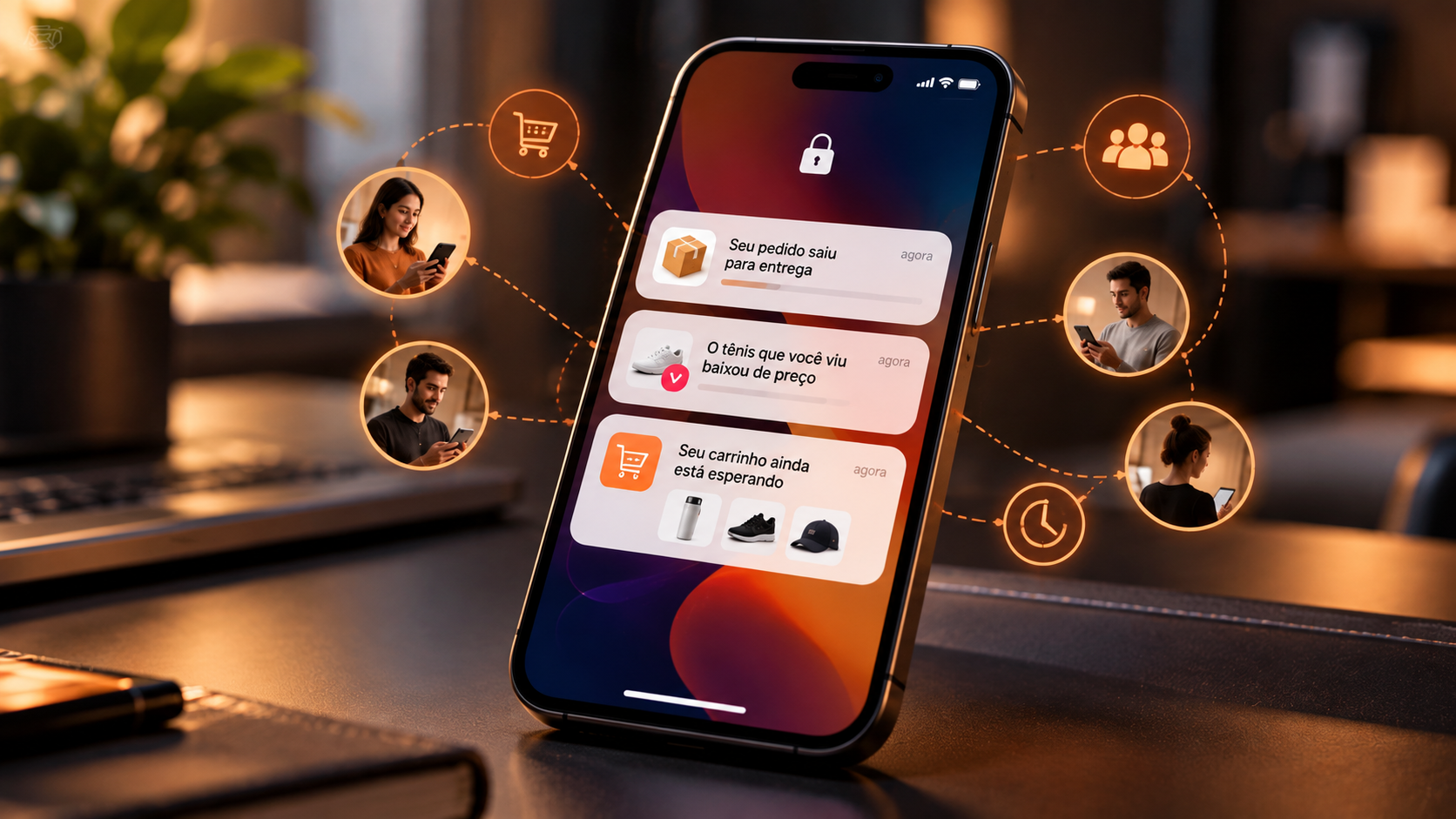 Mão segurando smartphone moderno exibindo uma notificação de desconto exclusiva e minimalista, sem textos legíveis, em um ambiente de café iluminado.