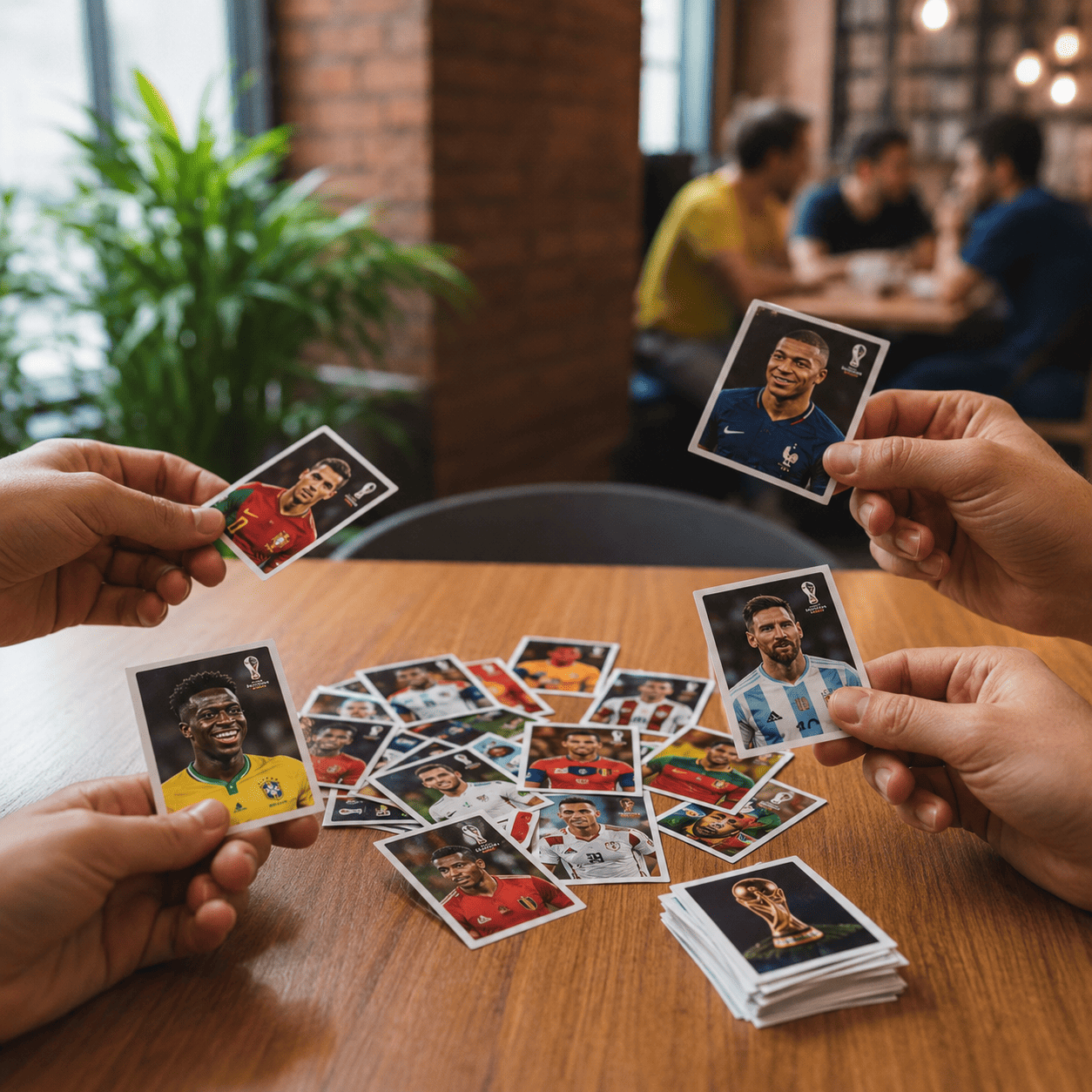 Pessoas reunidas em uma mesa trocando figurinhas de álbum de futebol em um ambiente descontraído.
