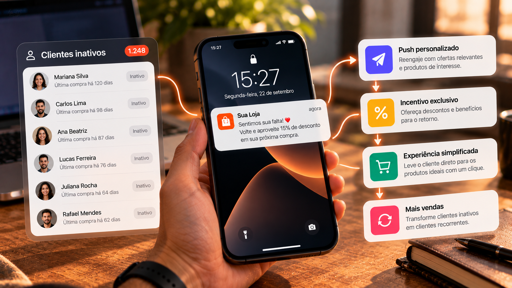 Uma equipe de marketing analisando dados em telas, com uma representação gráfica de clientes retornando para uma loja virtual em um tablet, sem nenhum texto nas telas.