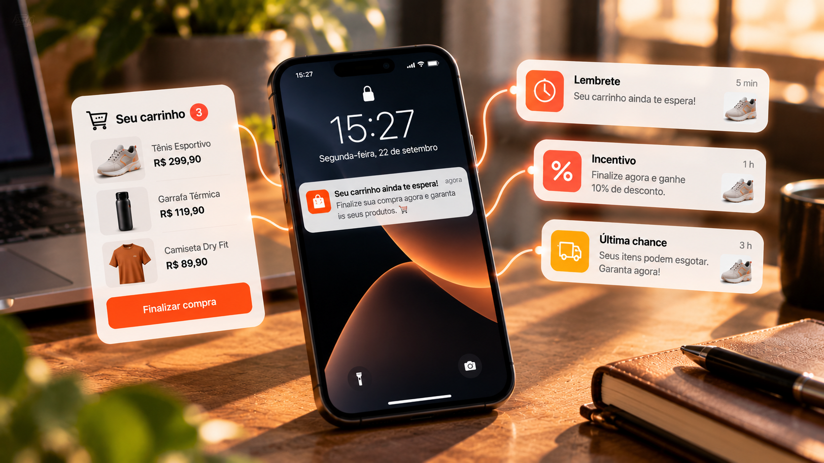 Smartphone com notificação de carrinho abandonado sendo visualizada pelo usuário para retomar a compra.