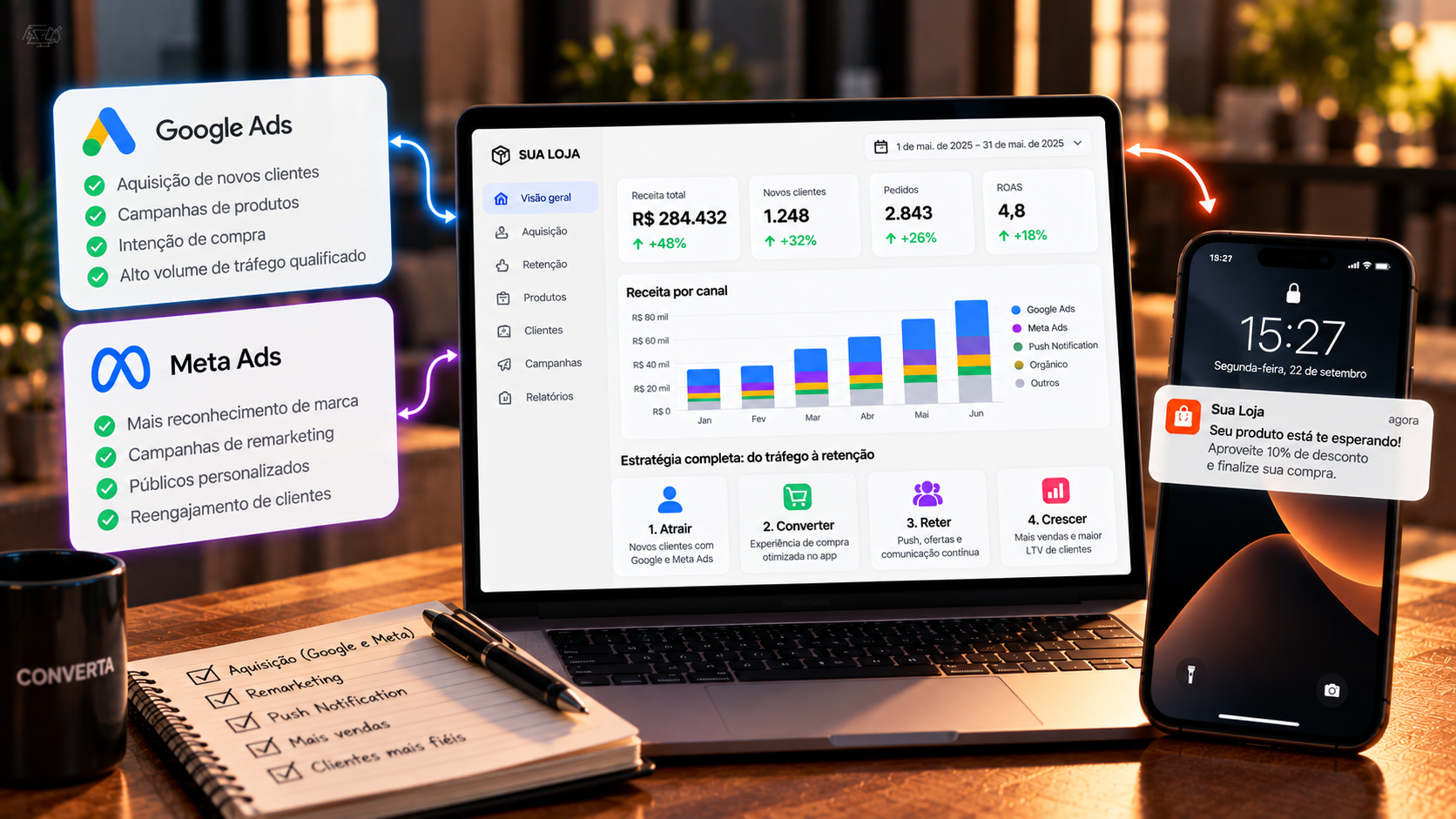 Escritório moderno de marketing digital com telas mostrando gráficos de performance e análise de dados de e-commerce em ambiente profissional brasileiro.