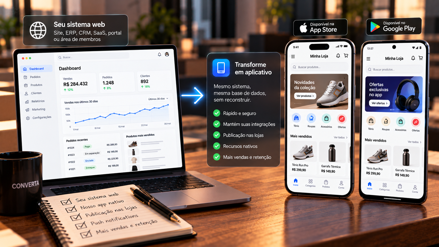 Profissional de tecnologia analisando um dashboard complexo em um tablet e smartphone, demonstrando a transição fluida de um sistema web para dispositivos móveis.