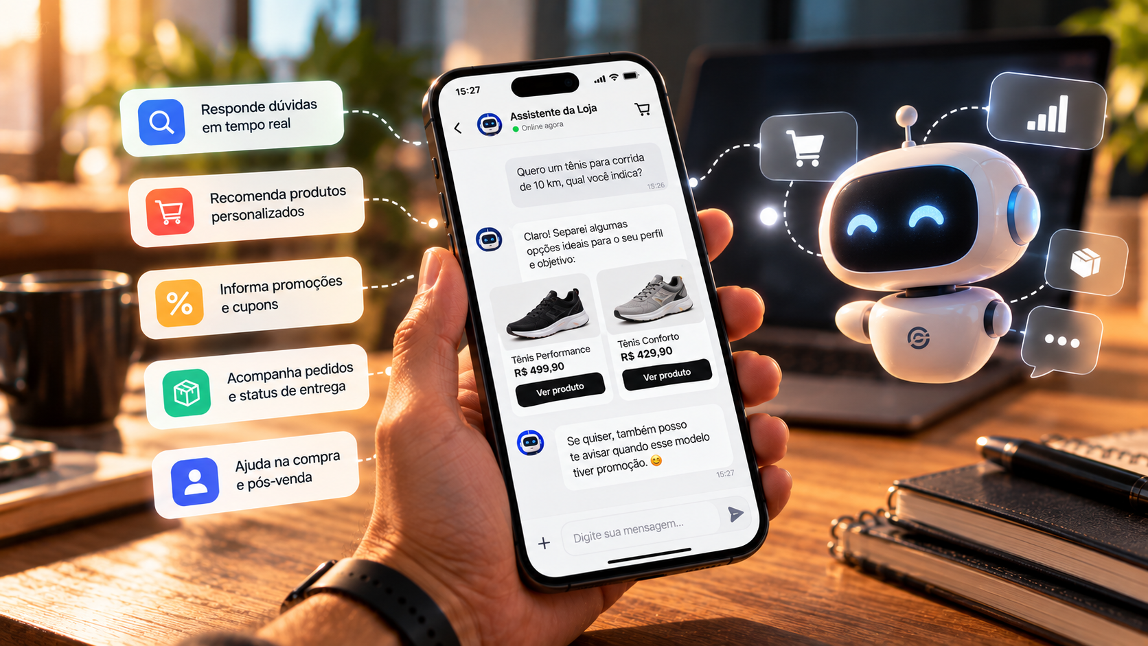 Visão futurista de um dashboard digital com gráficos e conexões neurais representando um agente de IA coordenando pedidos e marketing, sem texto.
