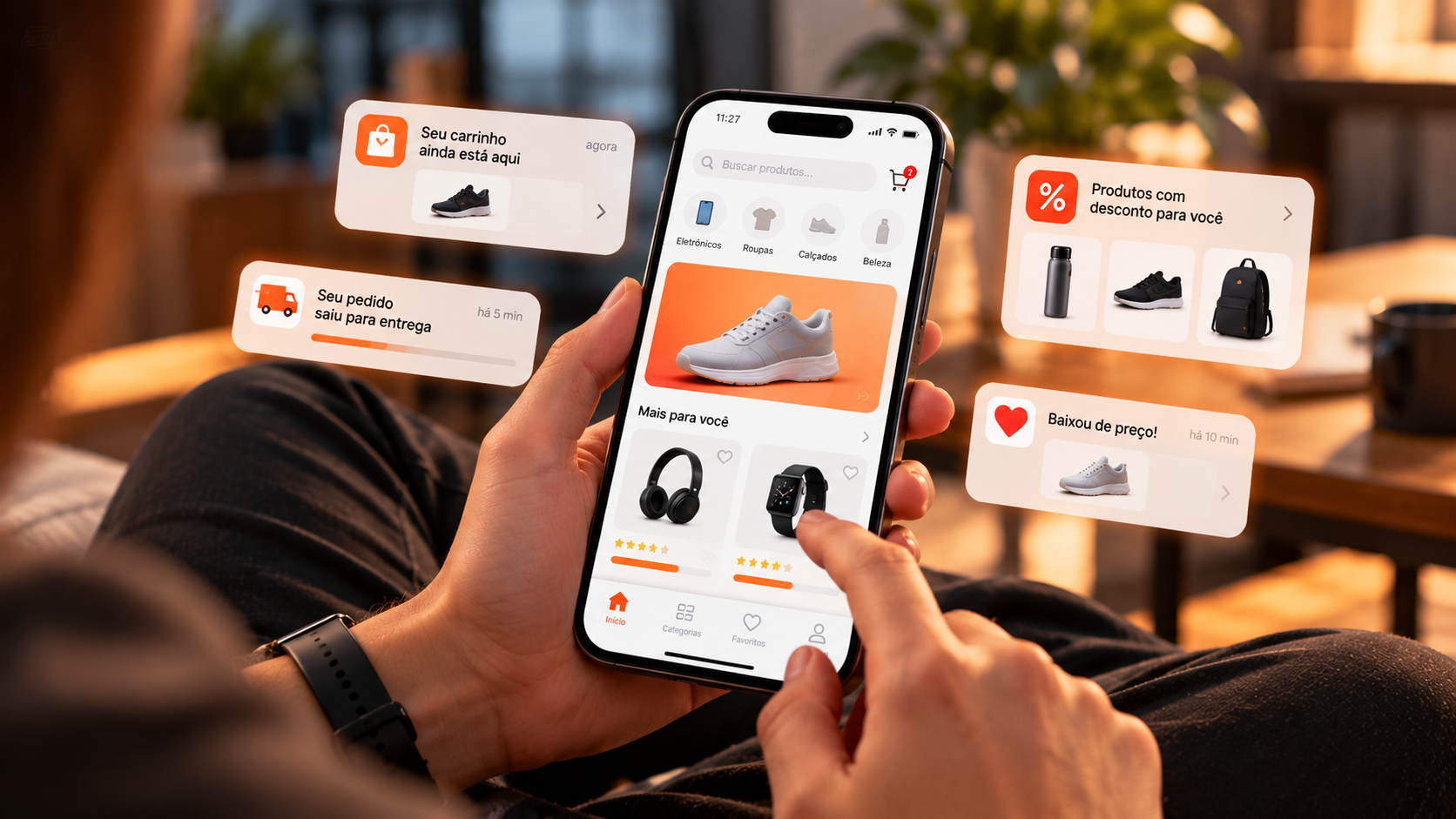 Pessoa usando smartphone em um ambiente urbano moderno para realizar uma compra online, cena focada nas mãos e no dispositivo com tela abstrata.