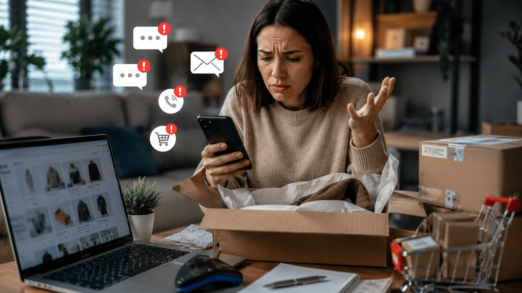 Profissional de e-commerce analisando dados de satisfação do cliente em um tablet em um armazém logístico moderno.