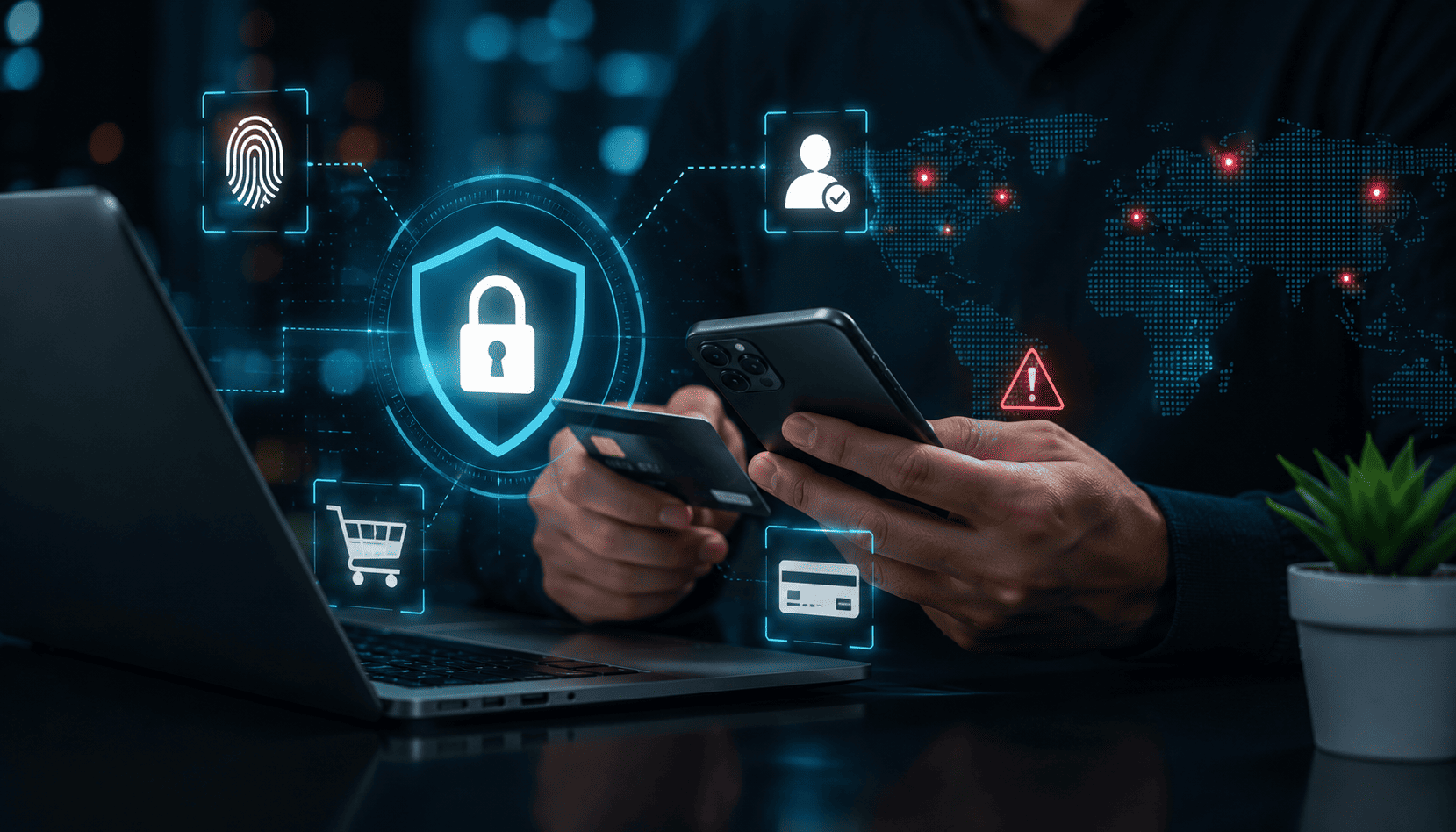 Especialista analisando gráficos de segurança digital e prevenção a fraude em um monitor profissional com ambiente futurista de 2026.