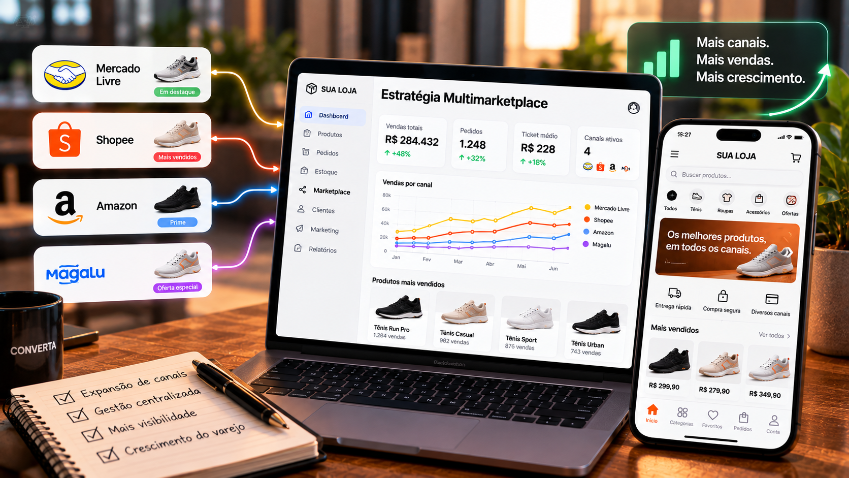 Operação logística em um armazém moderno com pacotes sendo preparados para envio, ilustrando a diversidade de canais de venda no e-commerce brasileiro.
