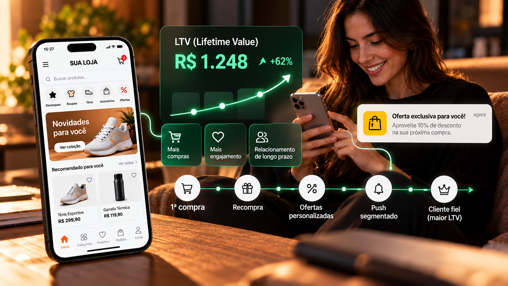 Ilustração de um gráfico de crescimento ascendente com ícones de clientes e moedas simbolizando a evolução do valor de vida do cliente.