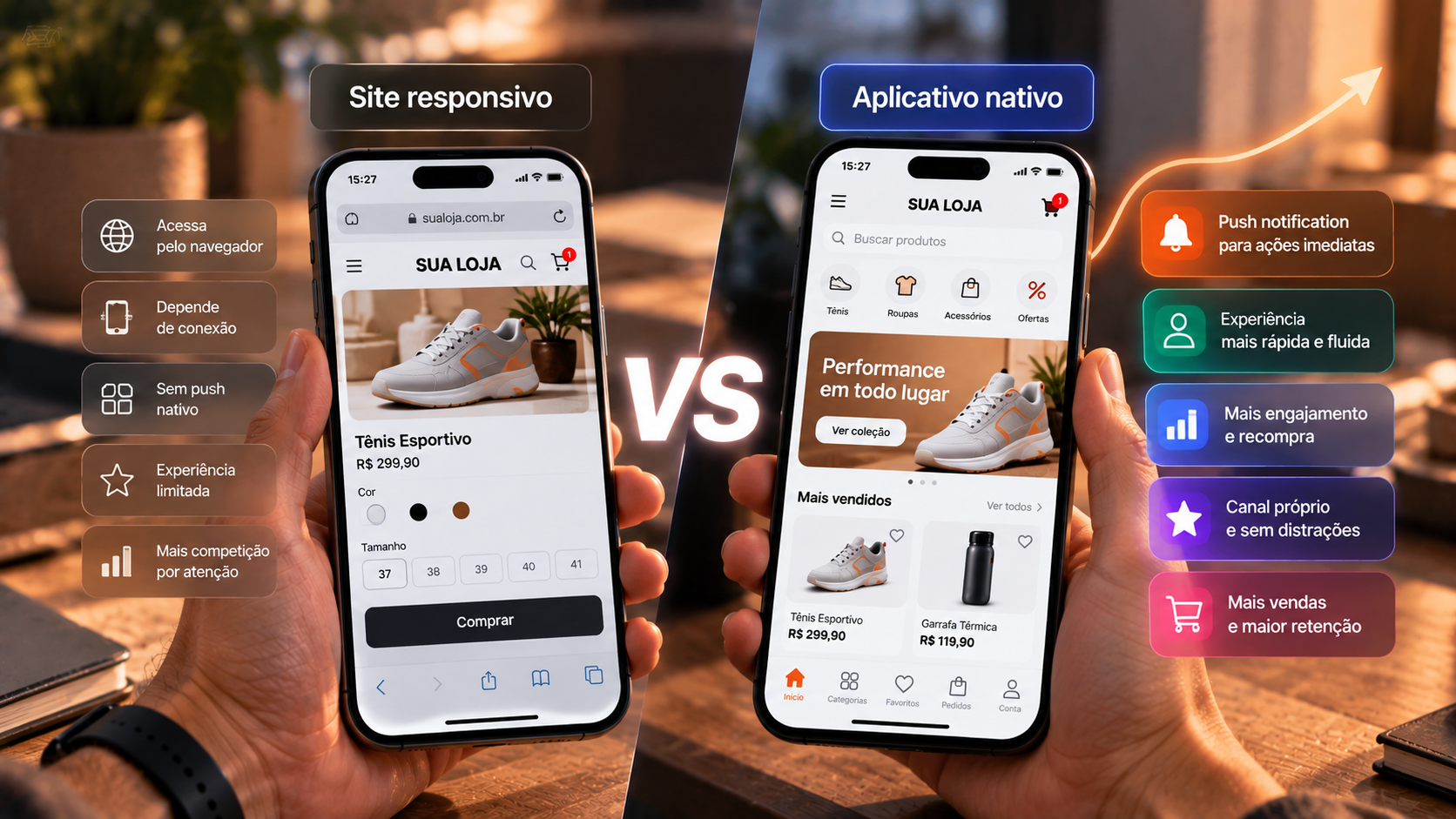 Smartphone exibindo um aplicativo de e-commerce e um notebook exibindo um site de vendas, ilustrando a conexão do consumidor com os dois canais.