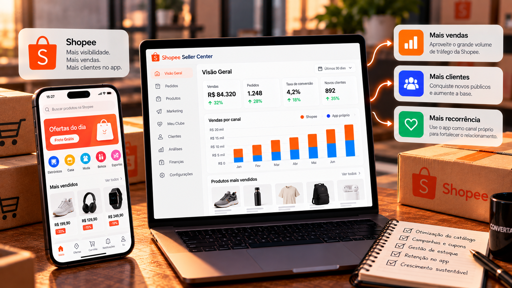 Bastidores de uma operação de e-commerce com caixas e funcionários organizando pedidos para envio em um armazém moderno.