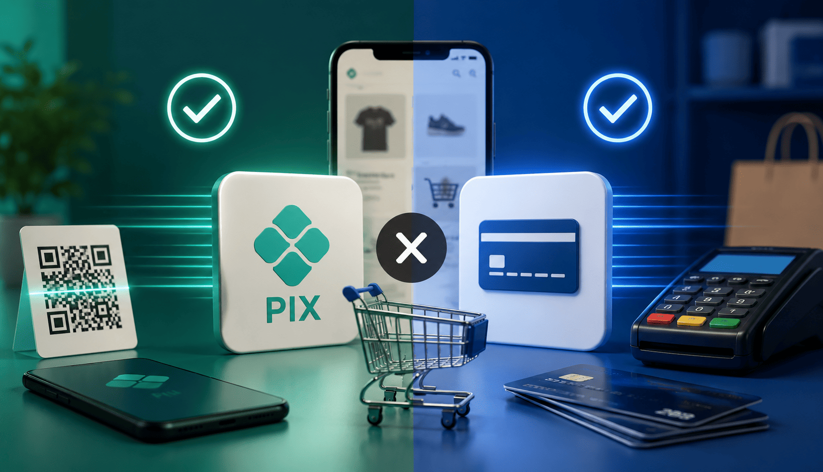 Mão de uma pessoa segurando um smartphone mostrando um QR Code de pagamento Pix em uma loja moderna, com embalagens de e-commerce ao fundo.
