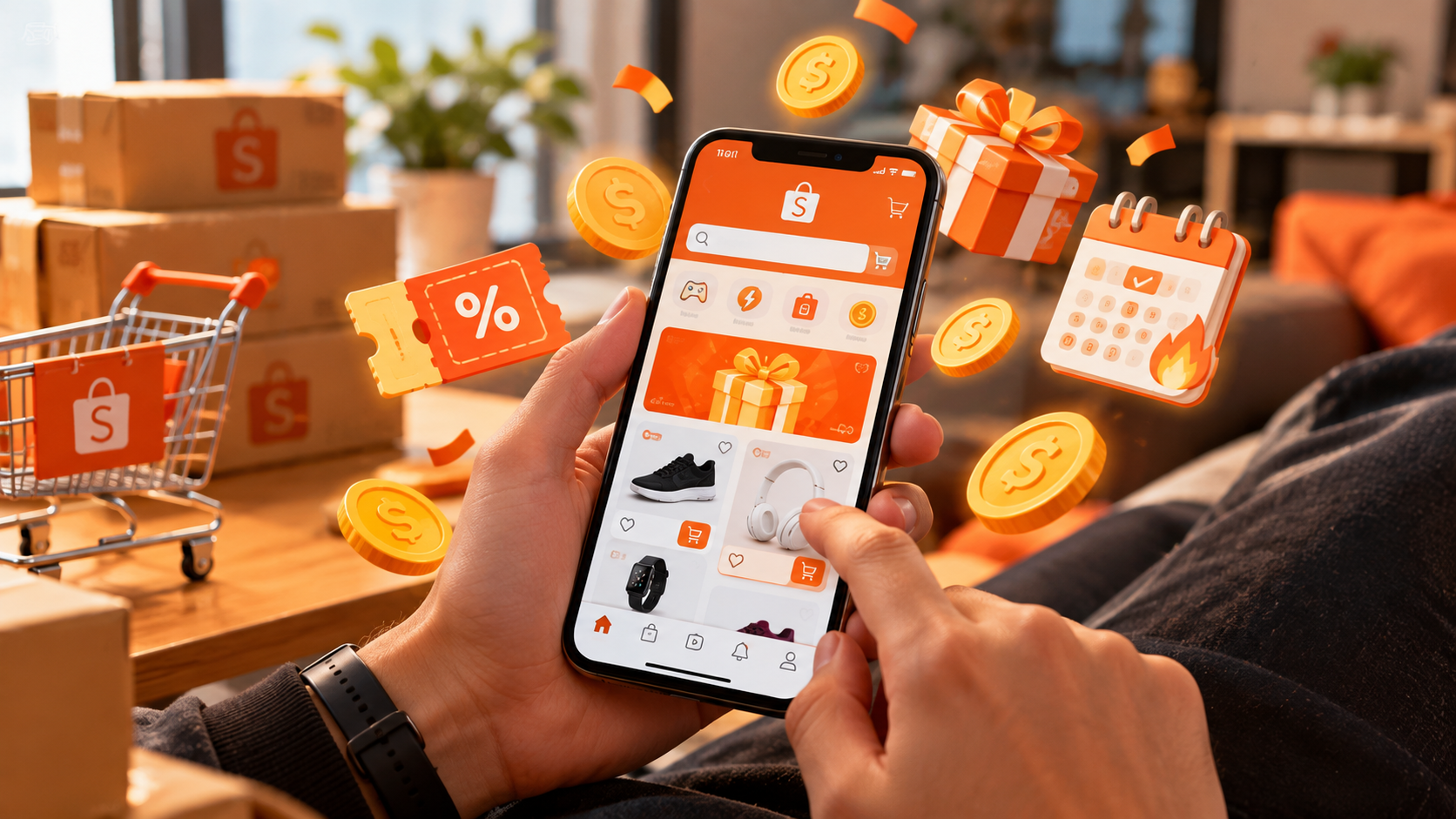 Ilustração editorial de uma tela de smartphone exibindo elementos de gamificação, moedas digitais e recompensas de compras em um fundo dinâmico e colorido, sem textos ou logos.