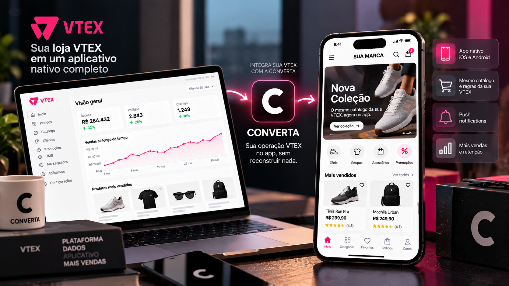 Operação de e-commerce monitorada em múltiplos smartphones e monitores, mostrando dashboards de vendas e robustez tecnológica.
