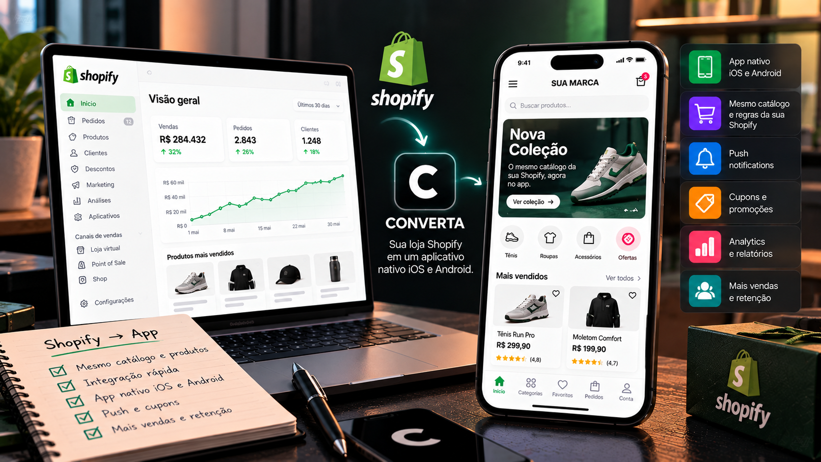 Notebook com painel da Shopify e smartphone ao lado exibindo interface de loja mobile fluida.