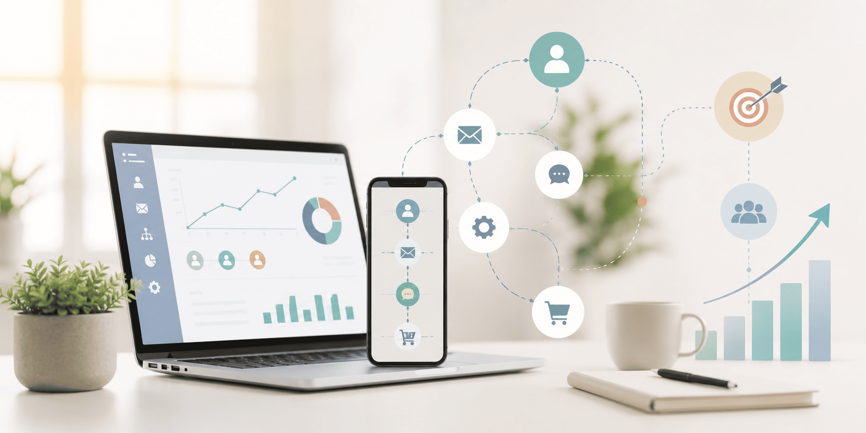 Analistas de marketing analisando dashboards de automação e dados de comportamento do consumidor em telas modernas.